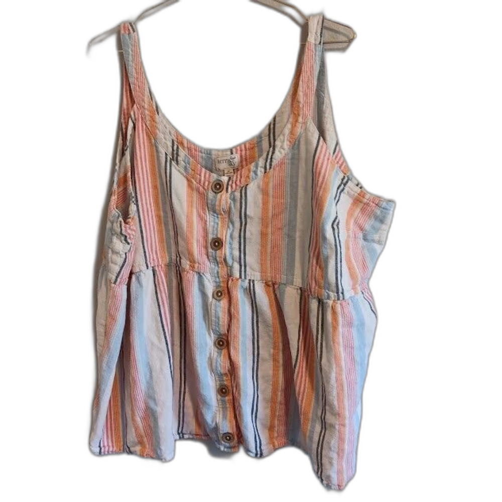 Terra & Sky Linen Blend Striped Empire Waist Babydoll Tank Faux Wood Buttons 3X